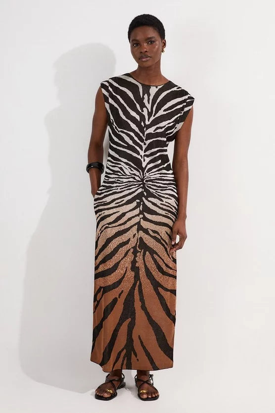 Jacquard Zebra Print Slinky Maxi Dress