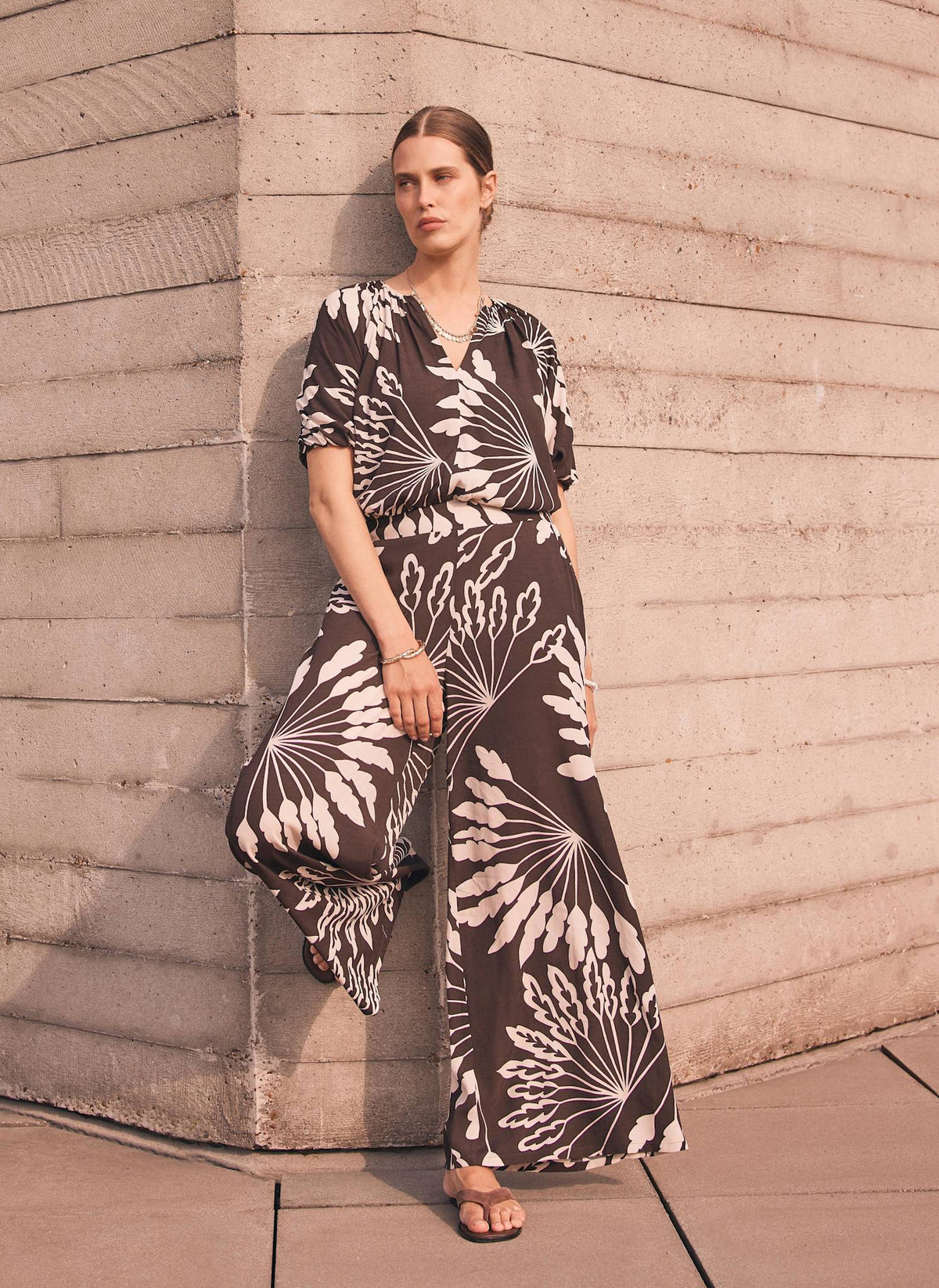 Brown Palm Print Wide Trousers