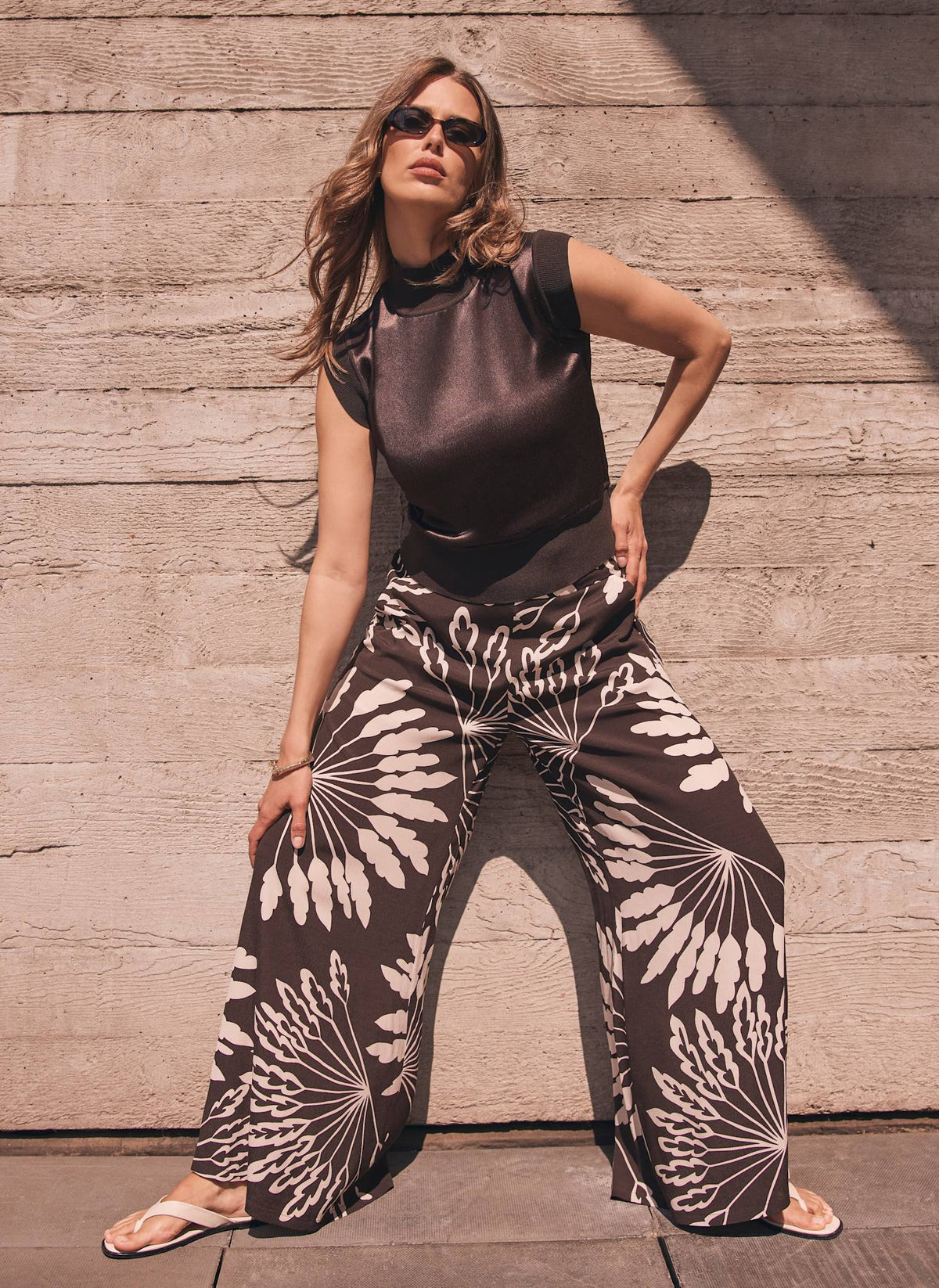 Brown Palm Print Wide Trousers