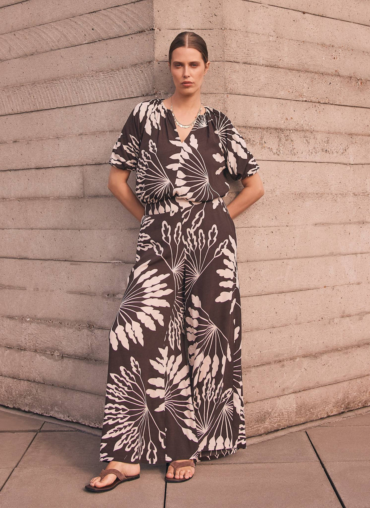 Brown Palm Print Wide Trousers