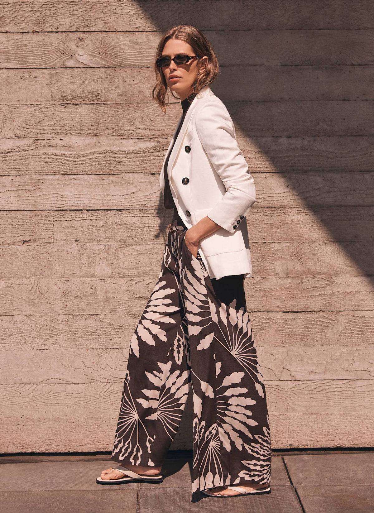 Brown Palm Print Wide Trousers