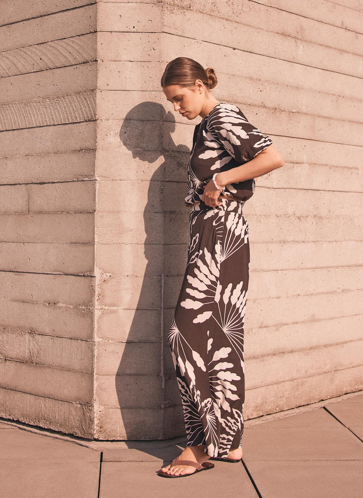 Brown Palm Print Wide Trousers