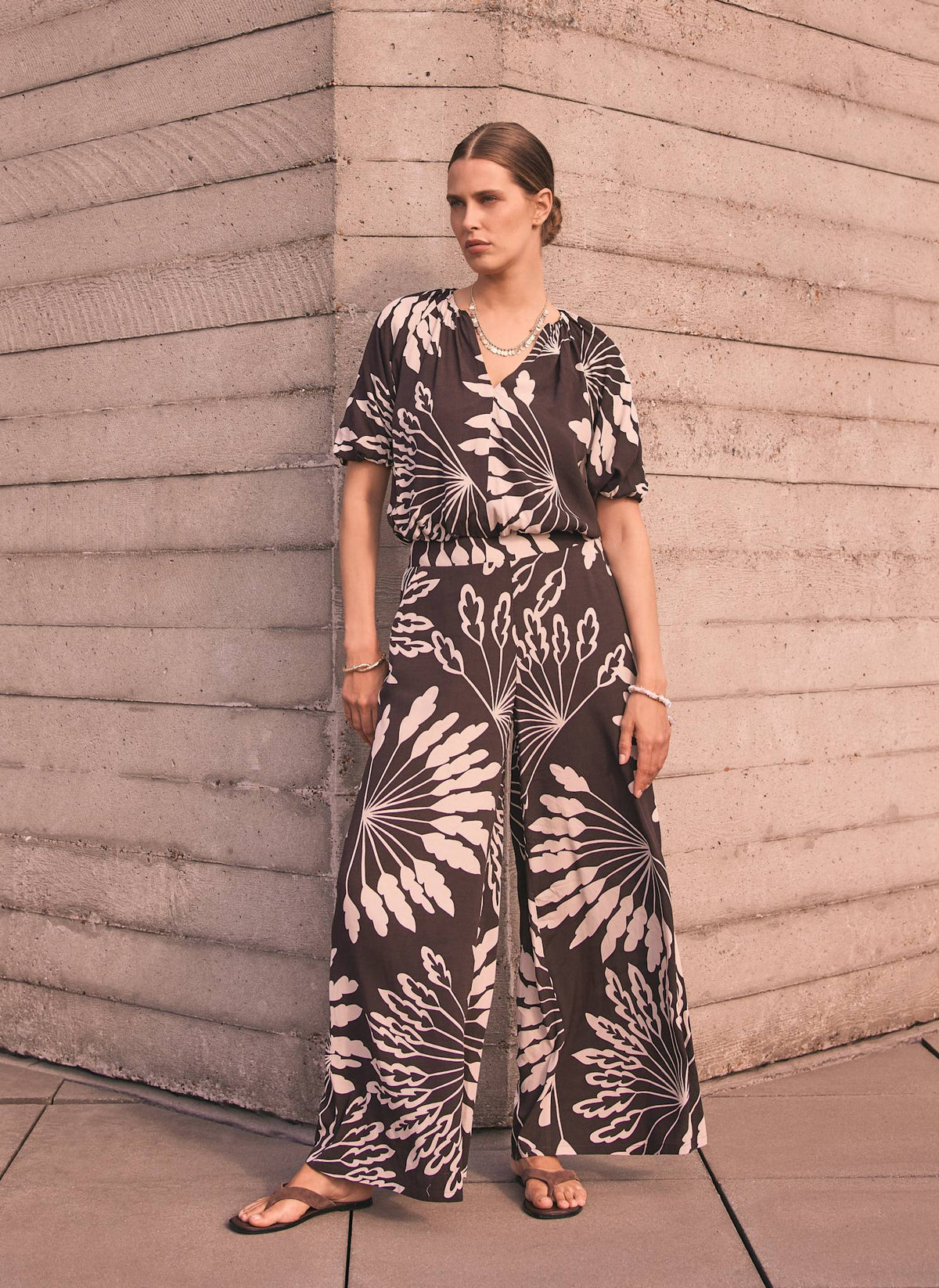 Brown Palm Print Wide Trousers