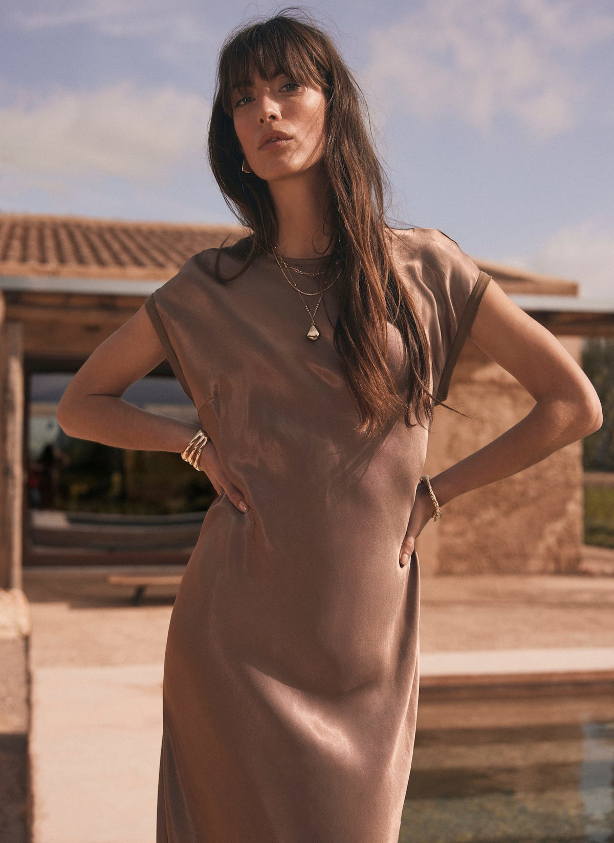 Brown Satin Slip Midi Dress