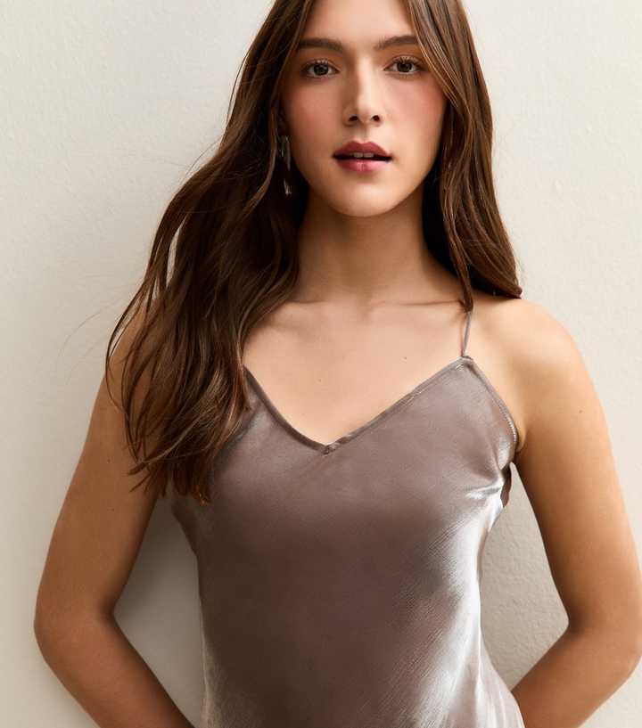 Brown Satin Slip Maxi Dress