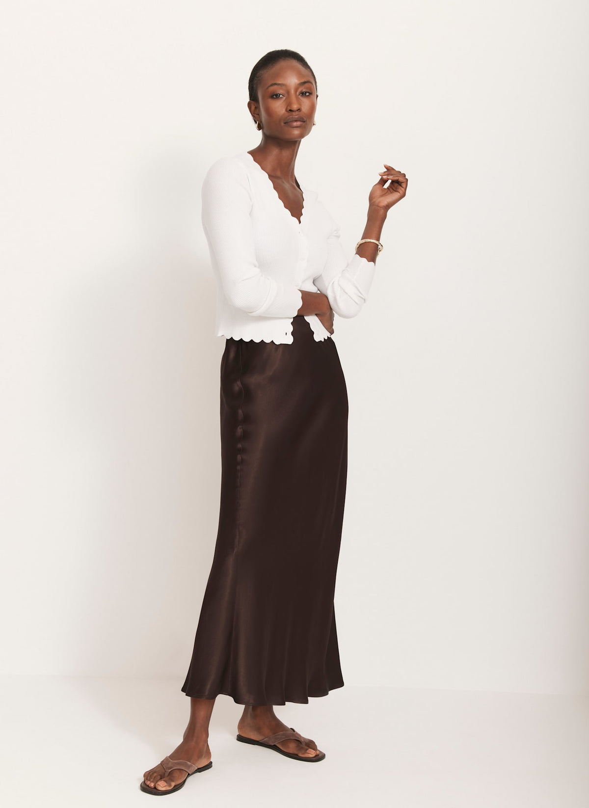 Brown Satin Slip Midi Skirt