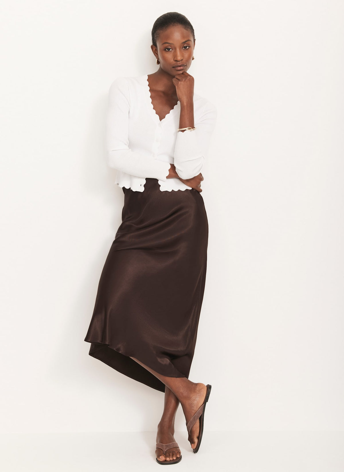 Brown Satin Slip Midi Skirt
