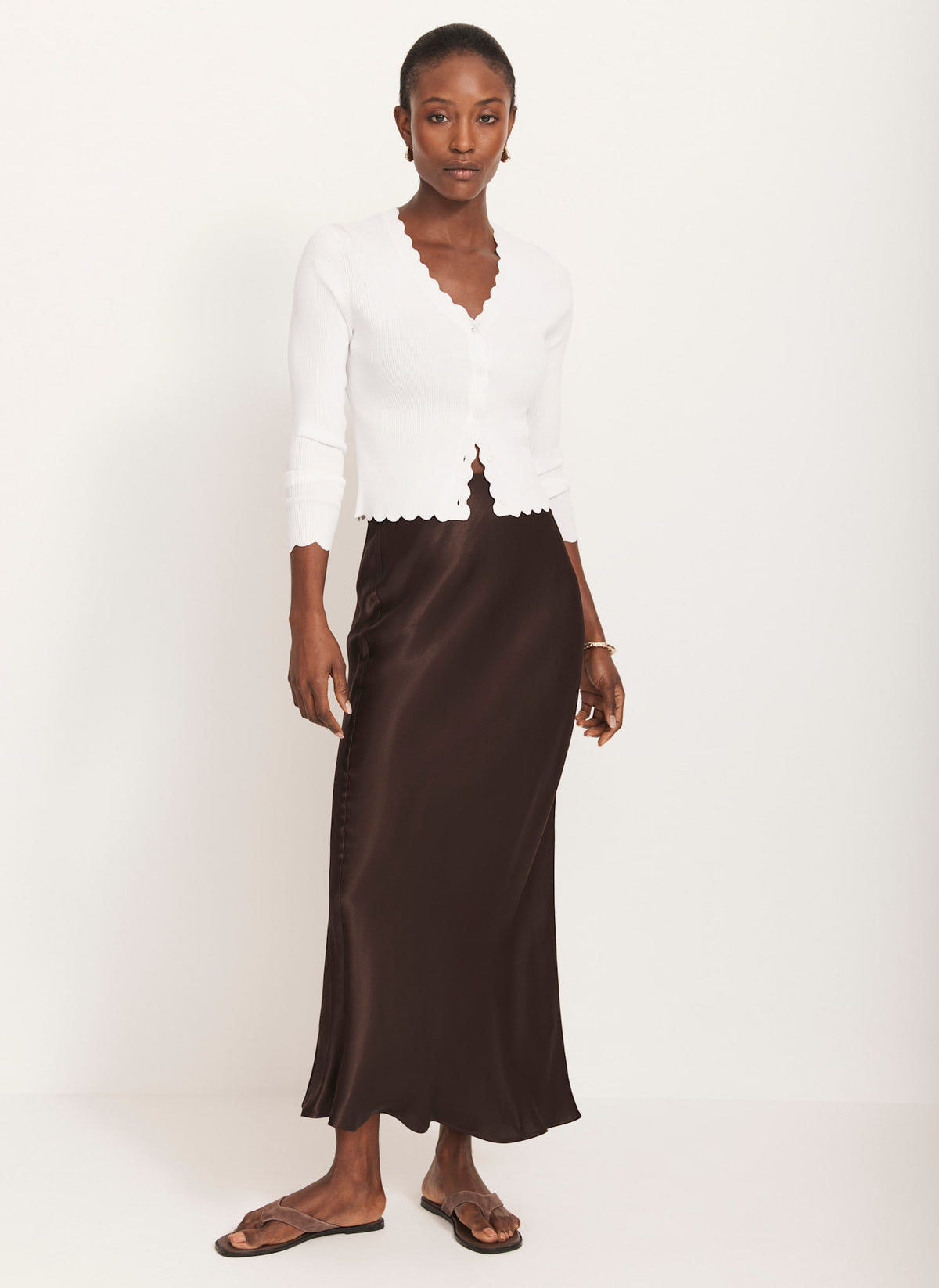 Brown Satin Slip Midi Skirt
