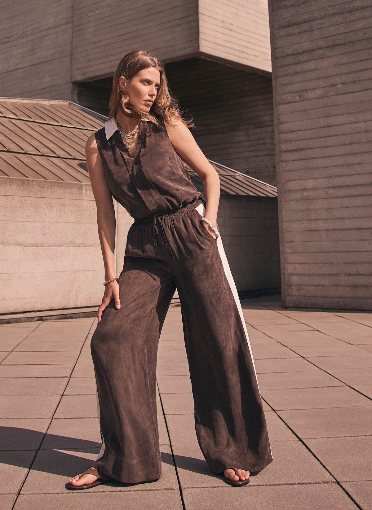 Brown Side Stripe Wide Trousers