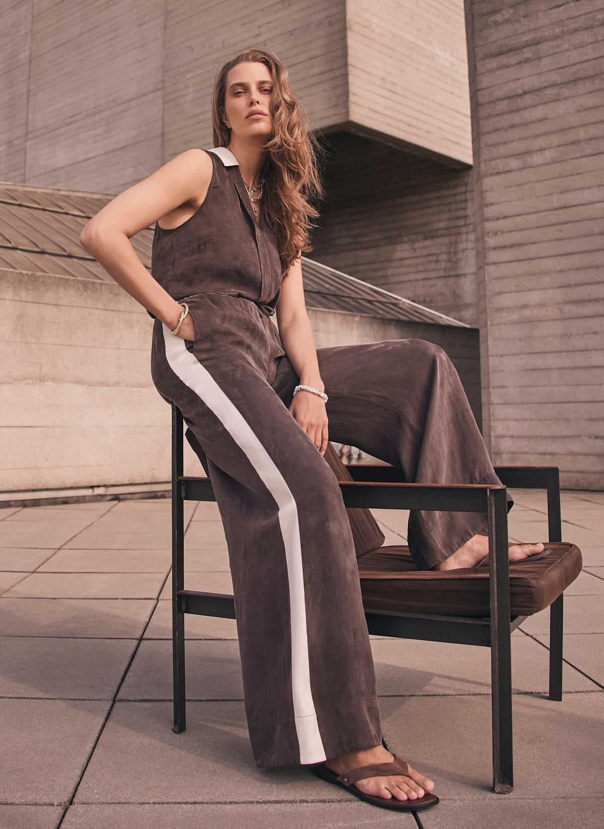 Brown Side Stripe Wide Trousers