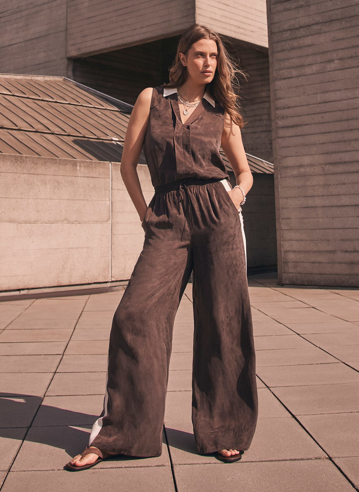 Brown Side Stripe Wide Trousers