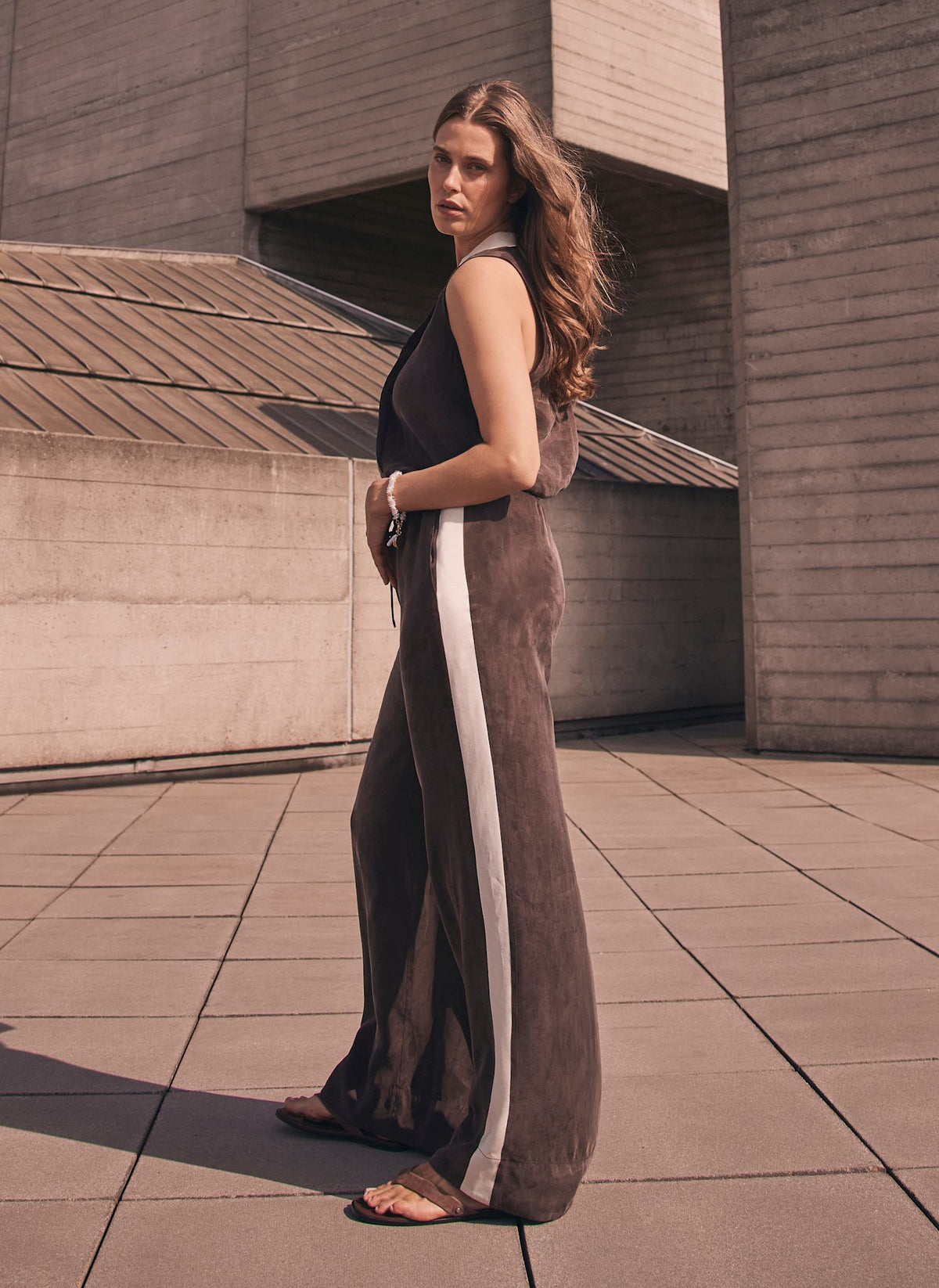 Brown Side Stripe Wide Trousers