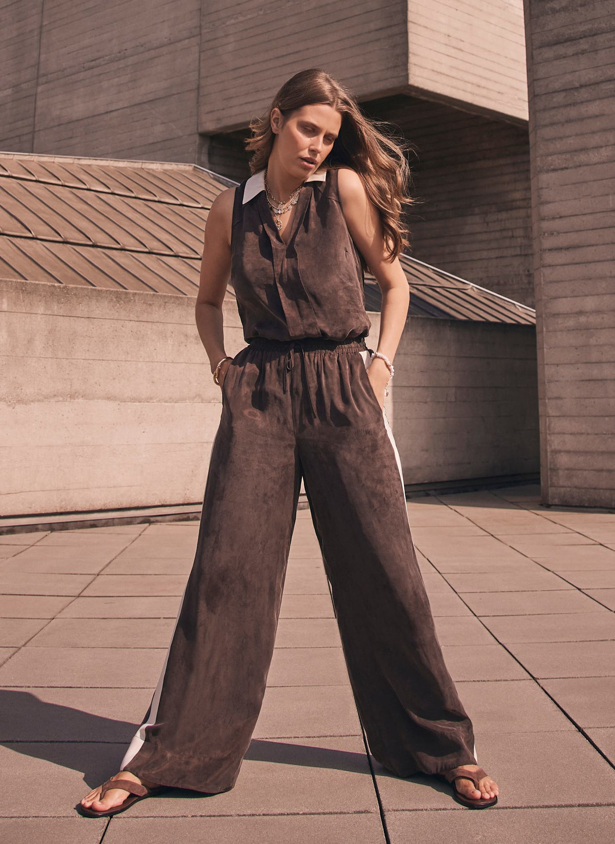 Brown Side Stripe Wide Trousers