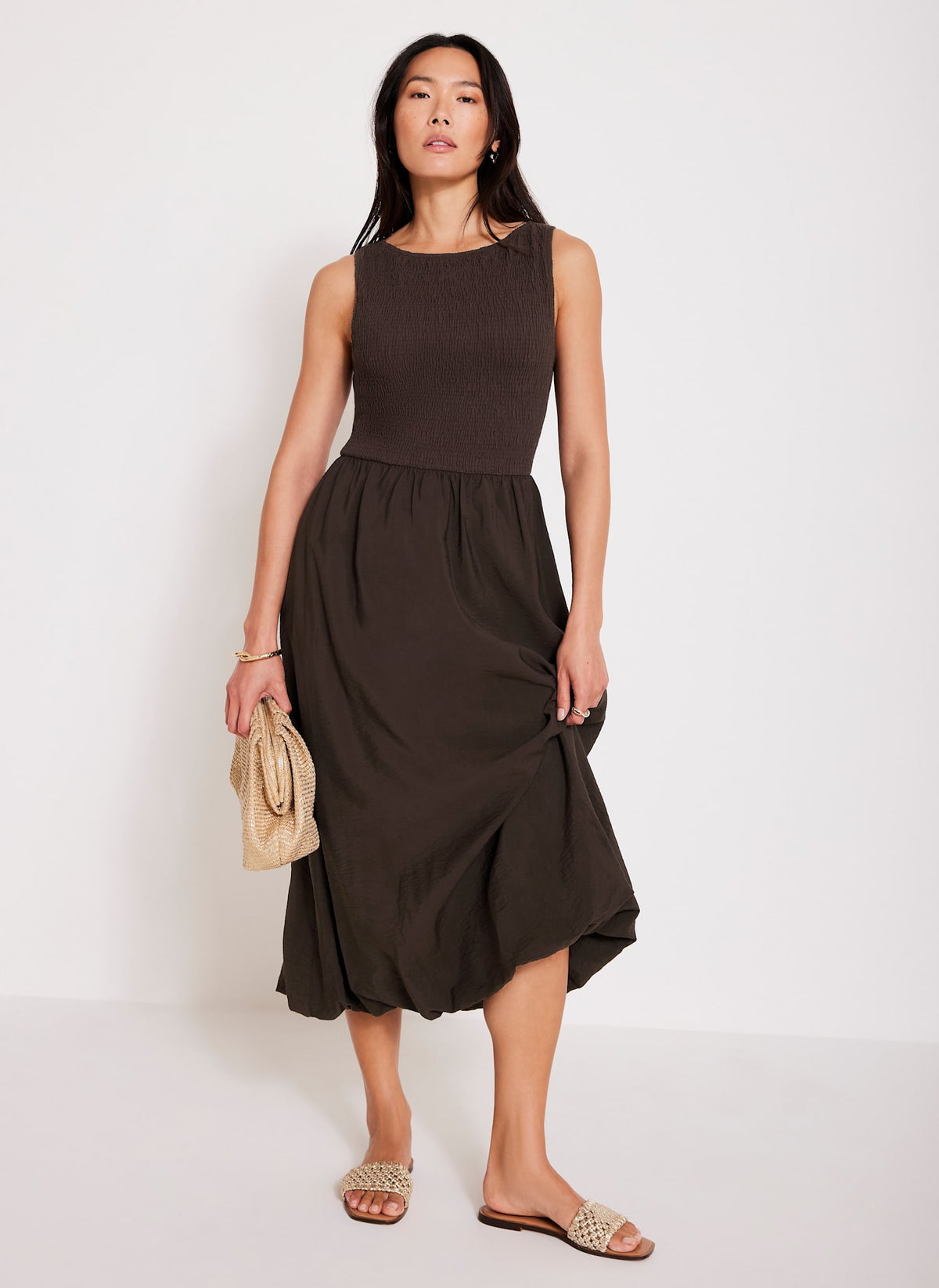 Brown Bubble Hem Midi Dress