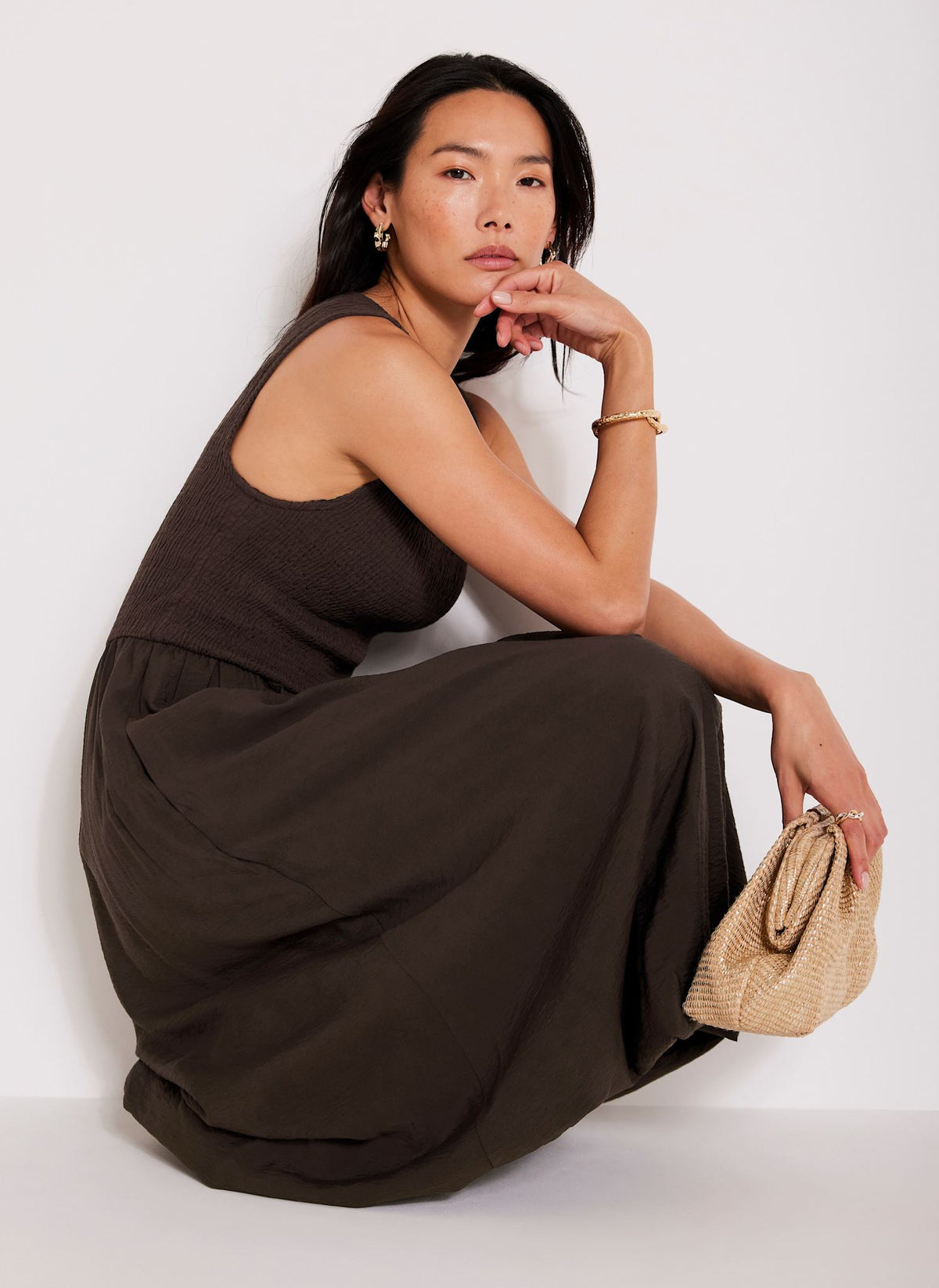 Brown Bubble Hem Midi Dress