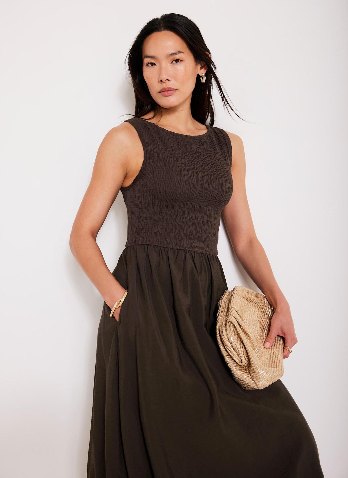 Brown Bubble Hem Midi Dress