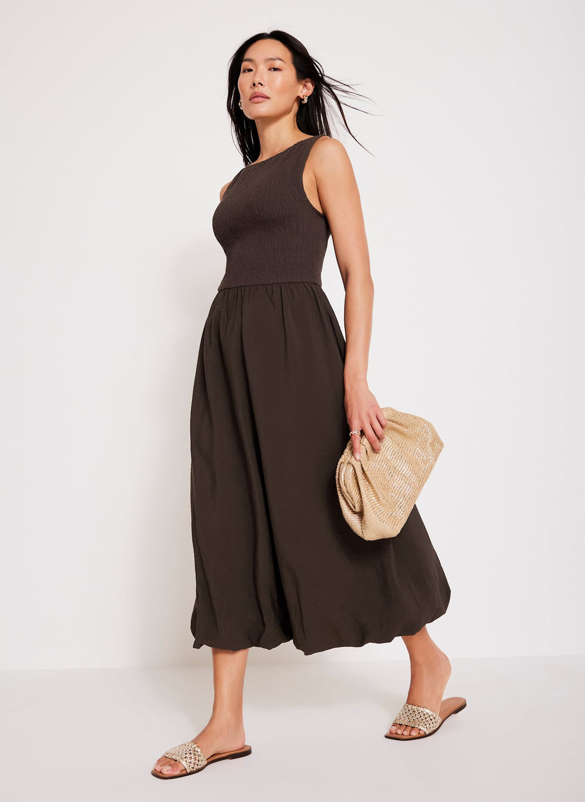 Brown Bubble Hem Midi Dress