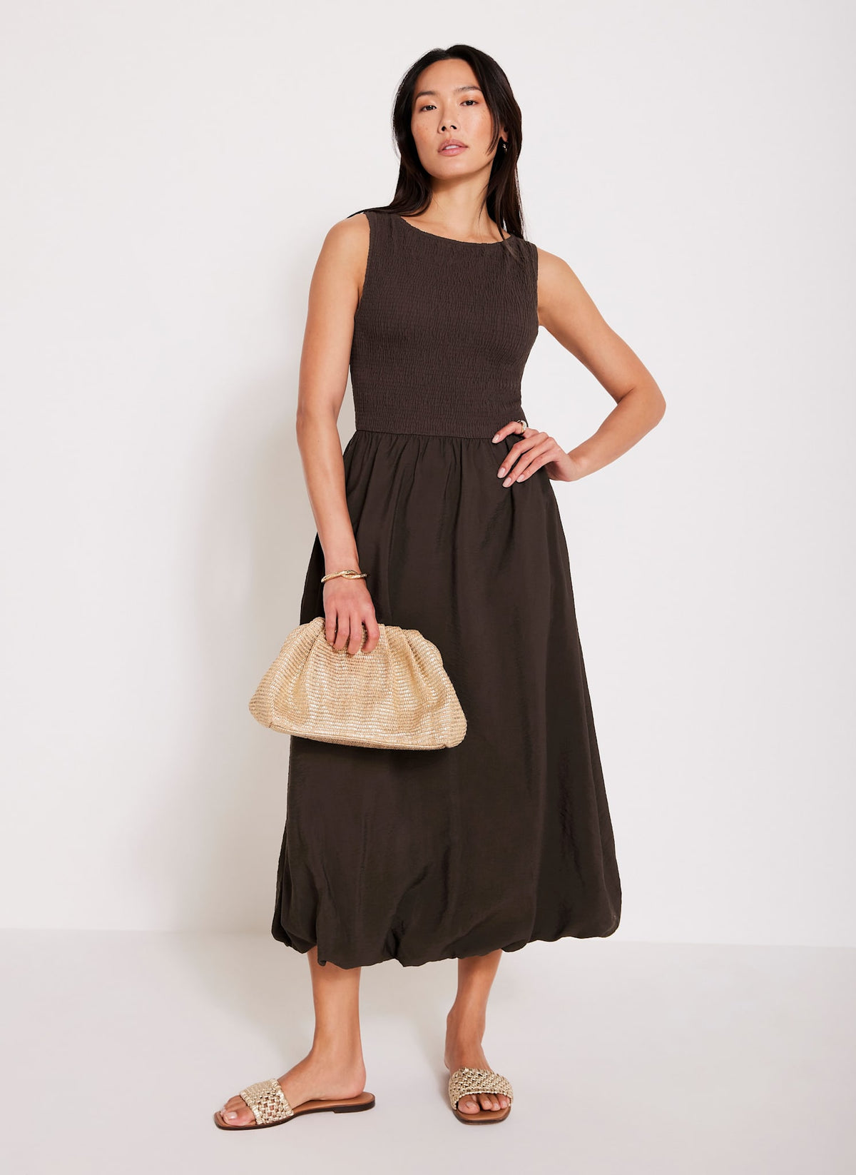 Brown Bubble Hem Midi Dress