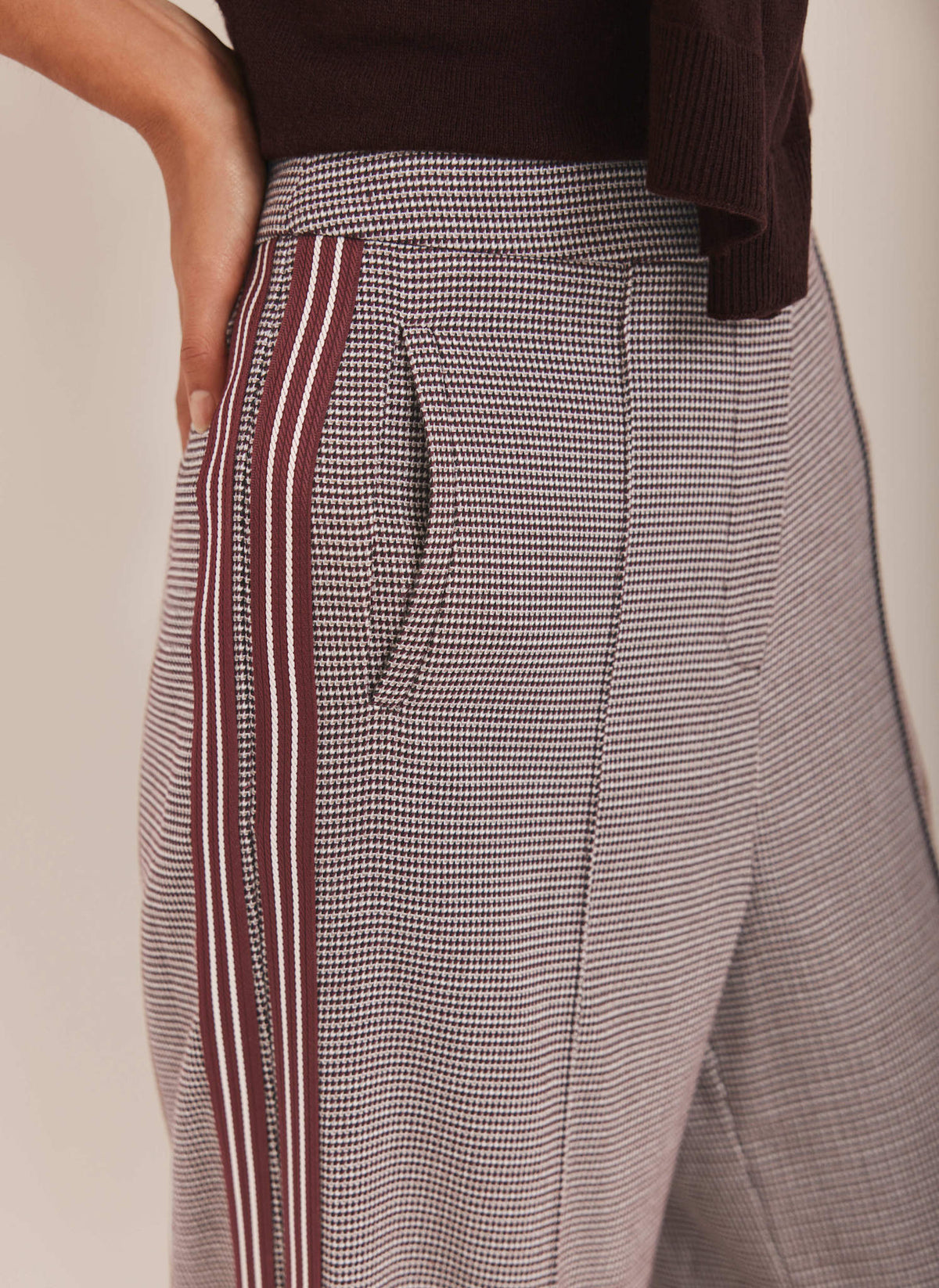 Burgundy Checked Side Stripe Wide Trousers