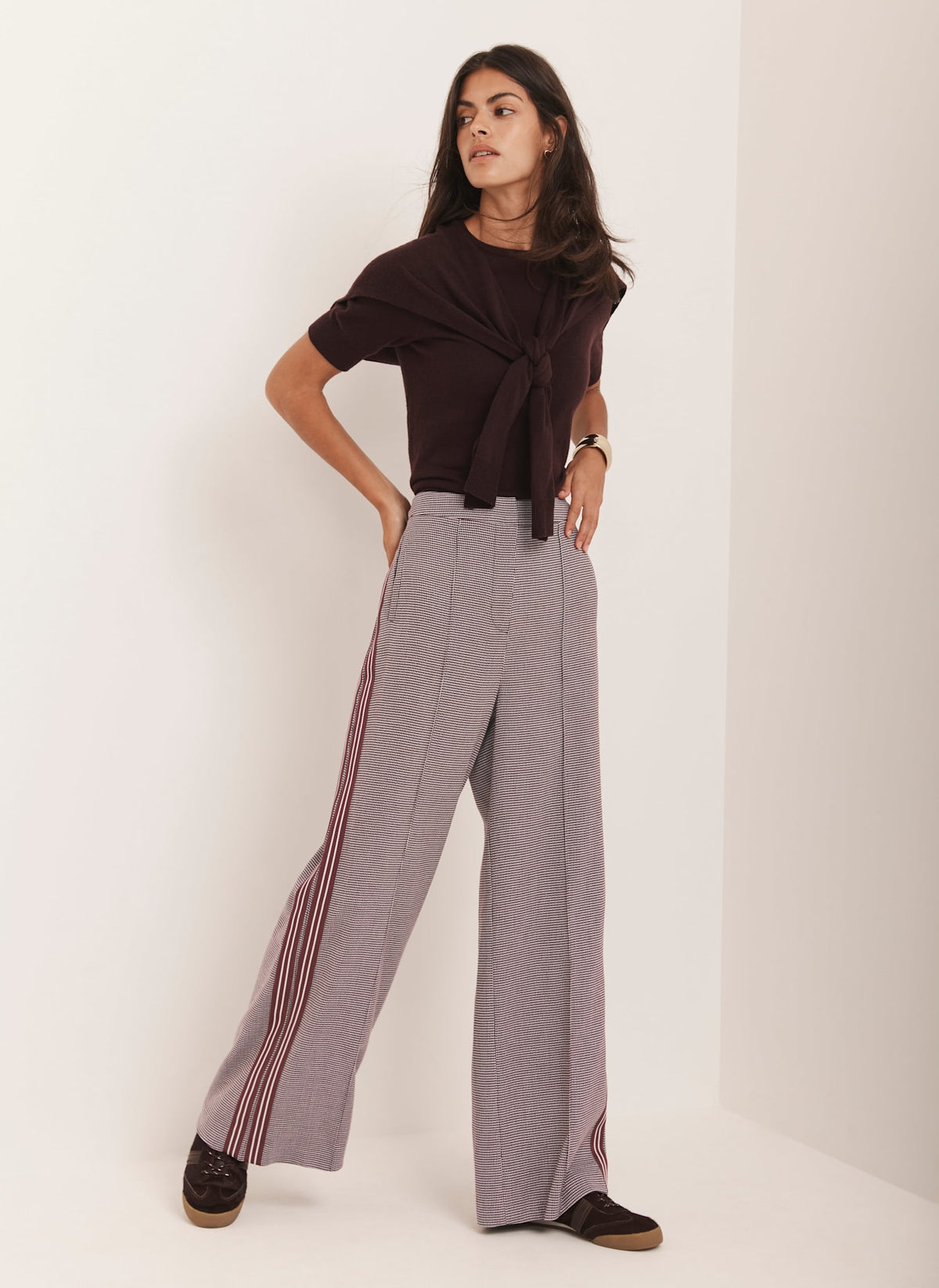 Burgundy Checked Side Stripe Wide Trousers