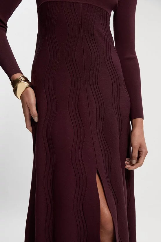 Contrast Wave Knit A-Line Knitted Long Sleeve Dress