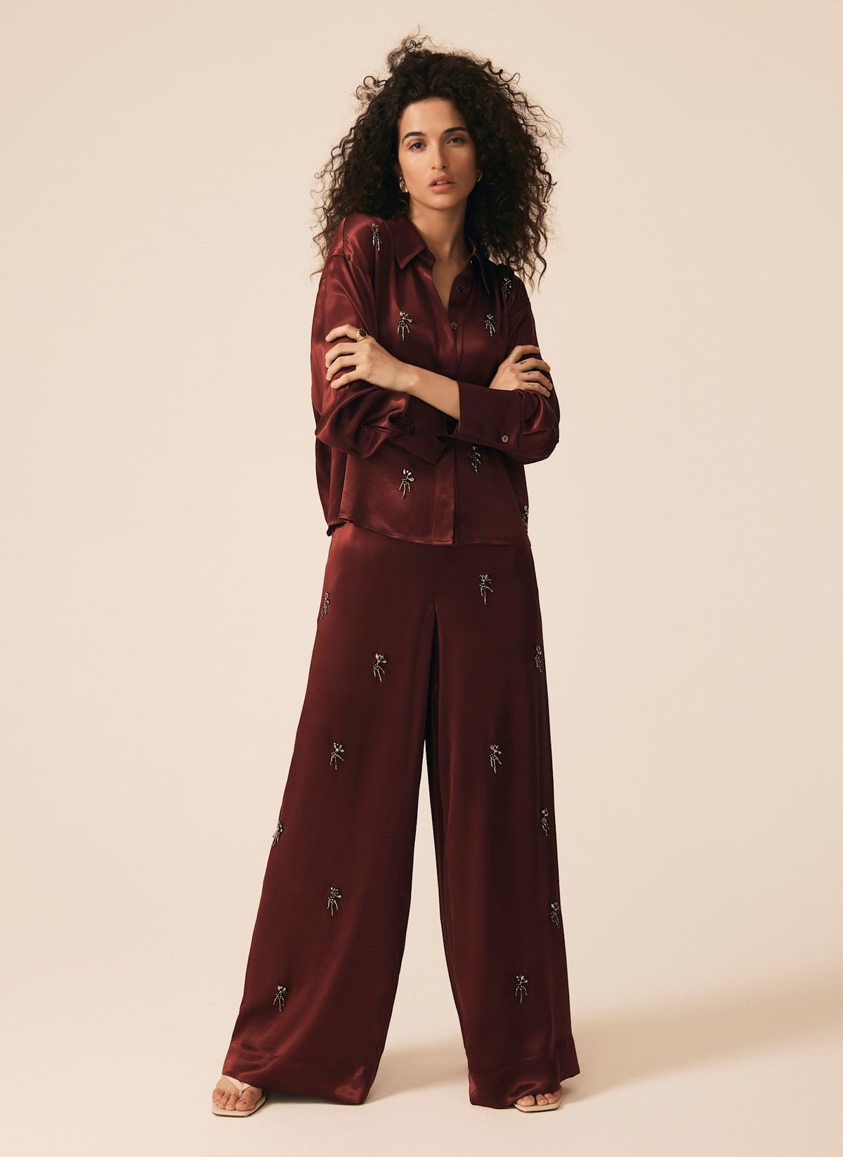 Burgundy Embellished Wide Trousers
