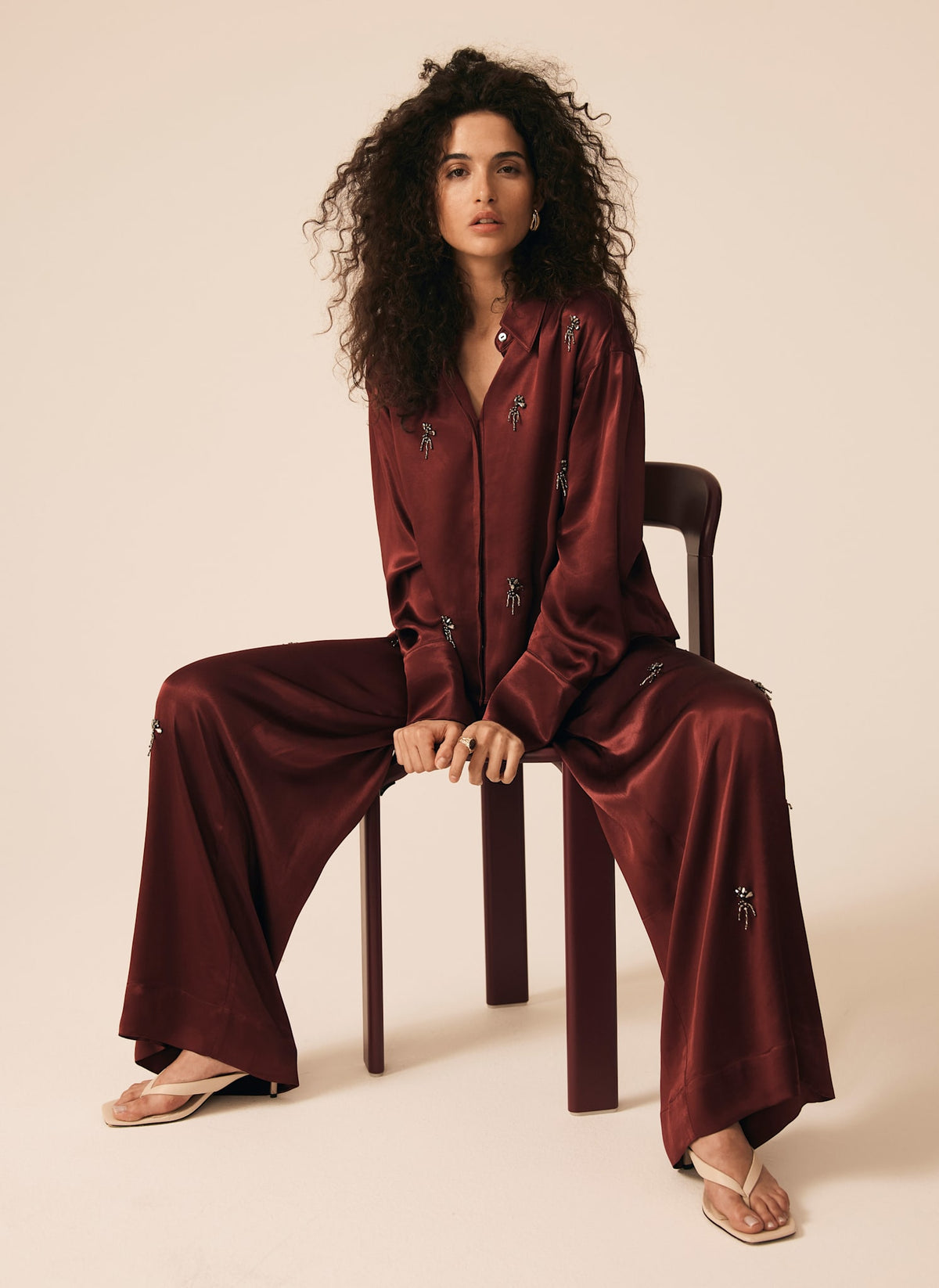 Burgundy Embellished Wide Trousers