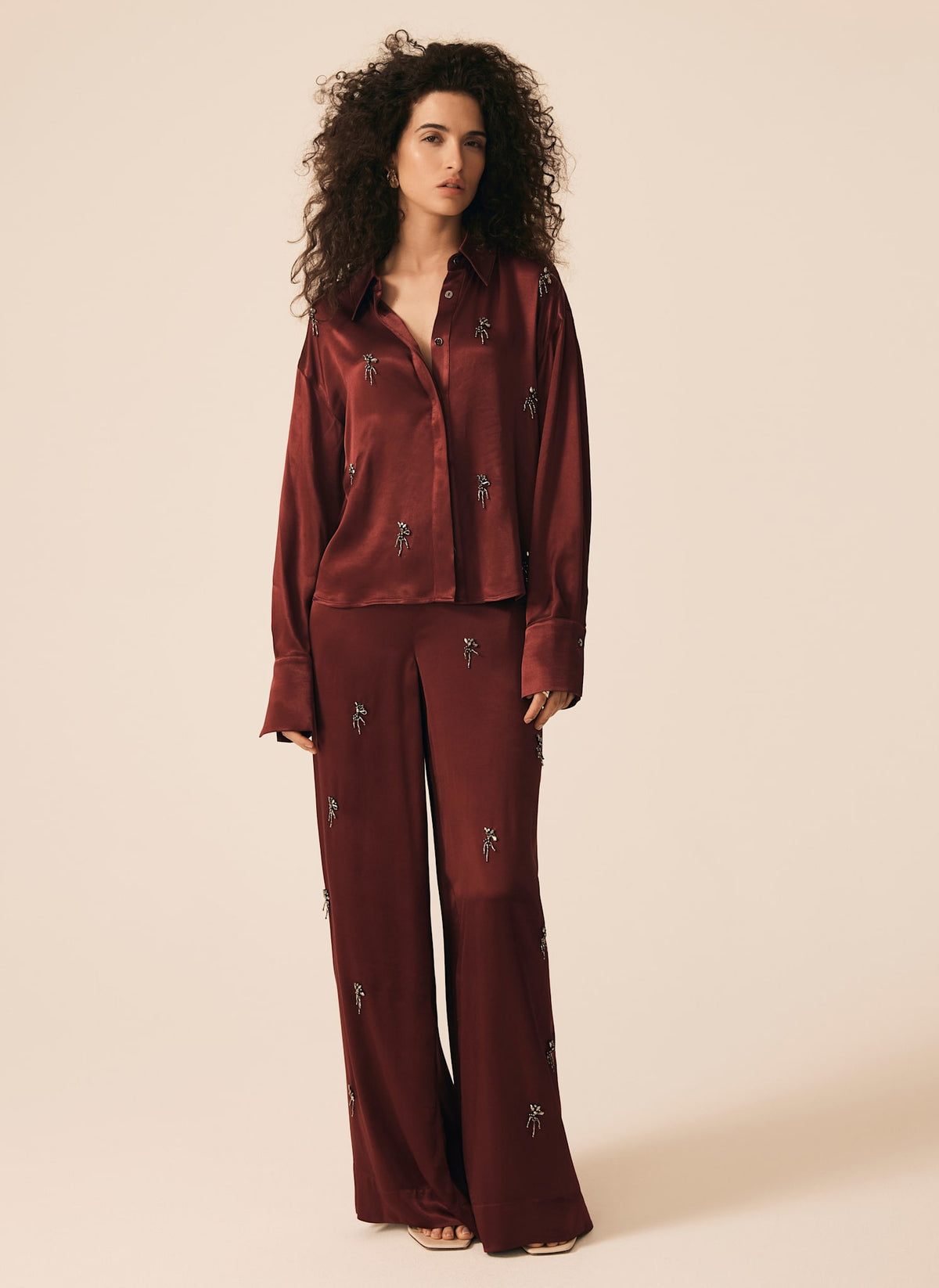 Burgundy Embellished Wide Trousers