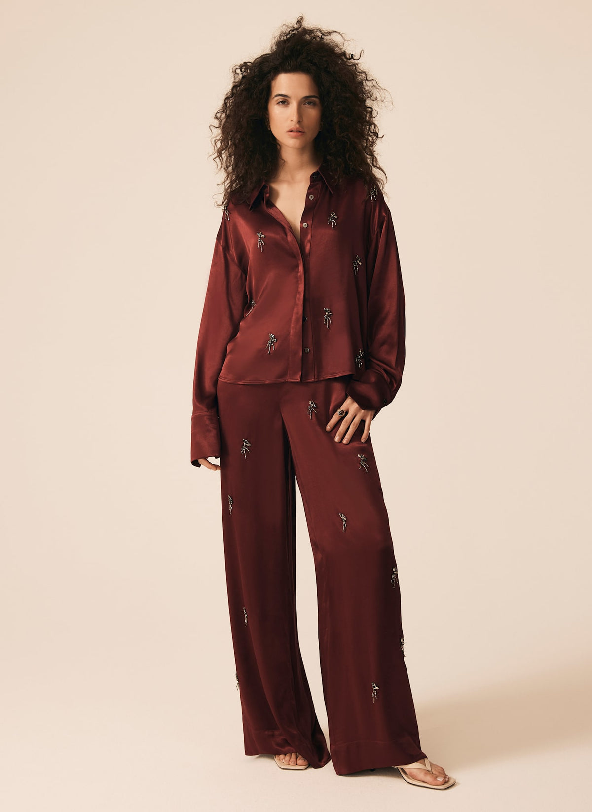 Burgundy Embellished Wide Trousers