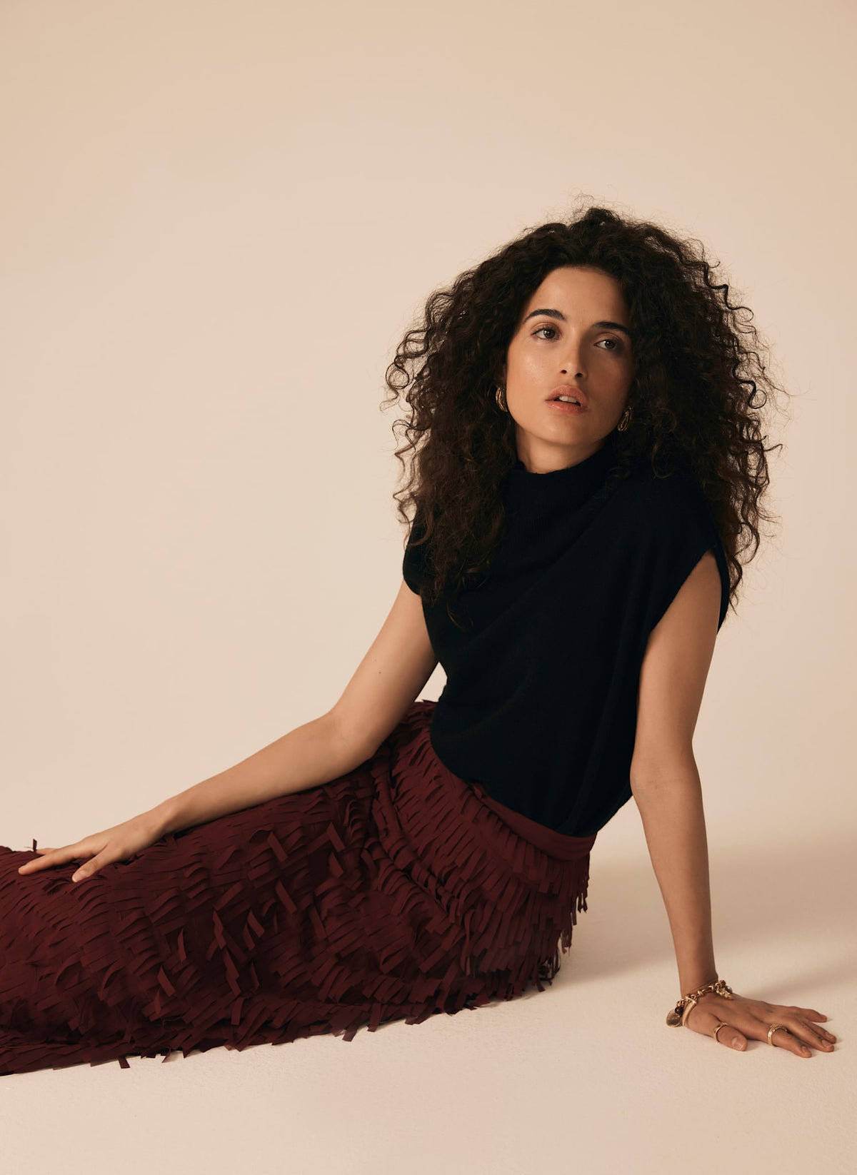 Burgundy Fringed Midi Skirt