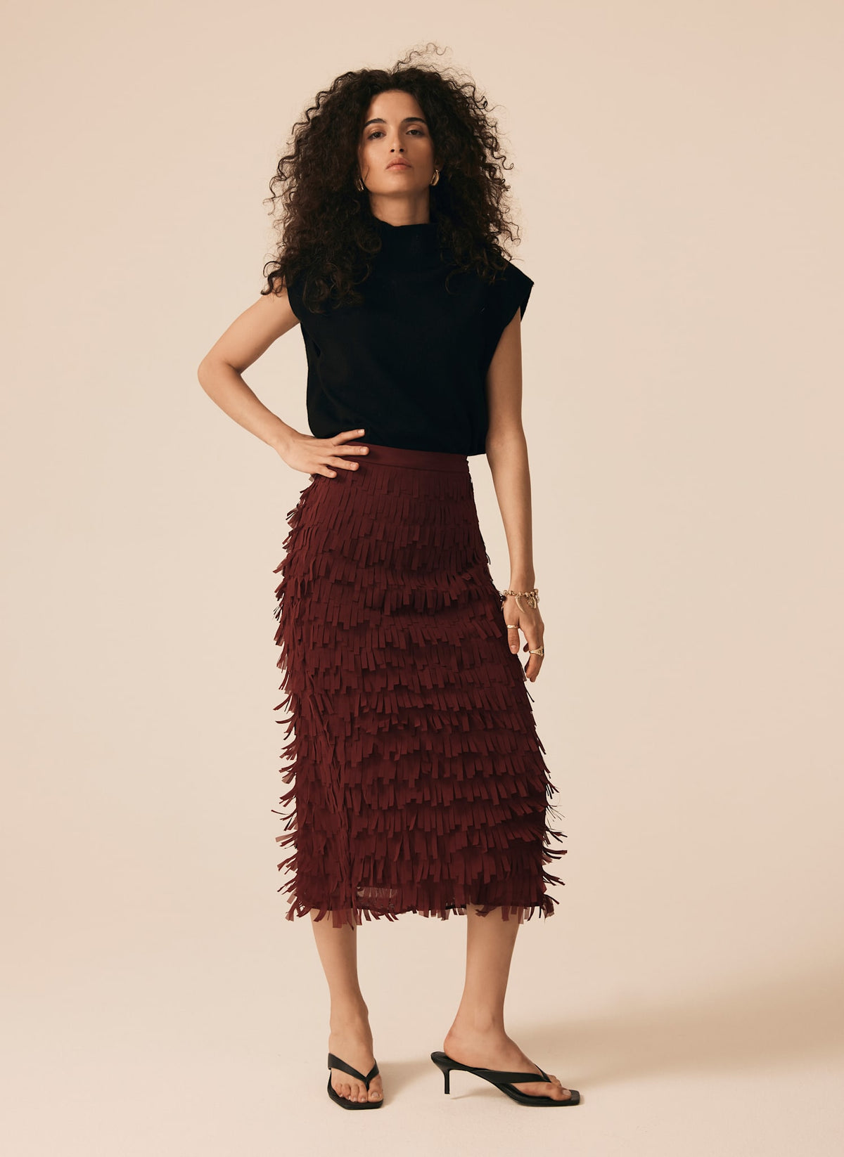 Burgundy Fringed Midi Skirt