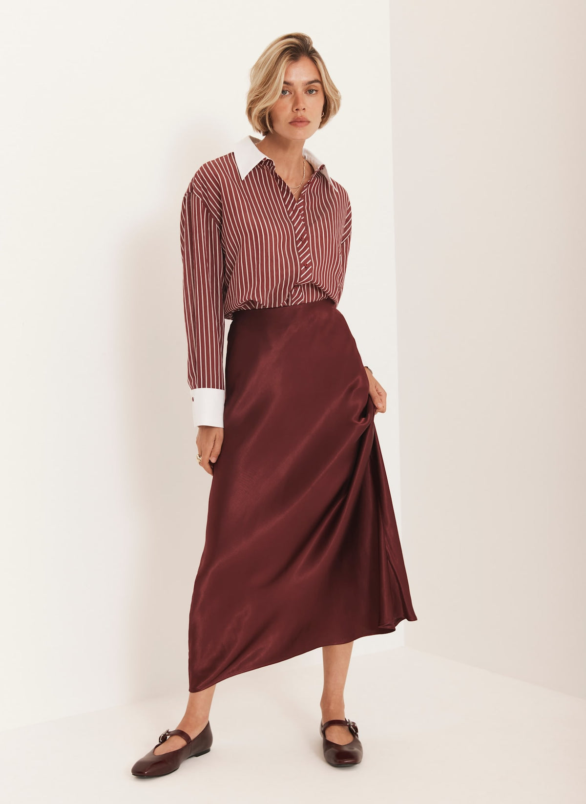 Burgundy Satin Slip Midi Skirt