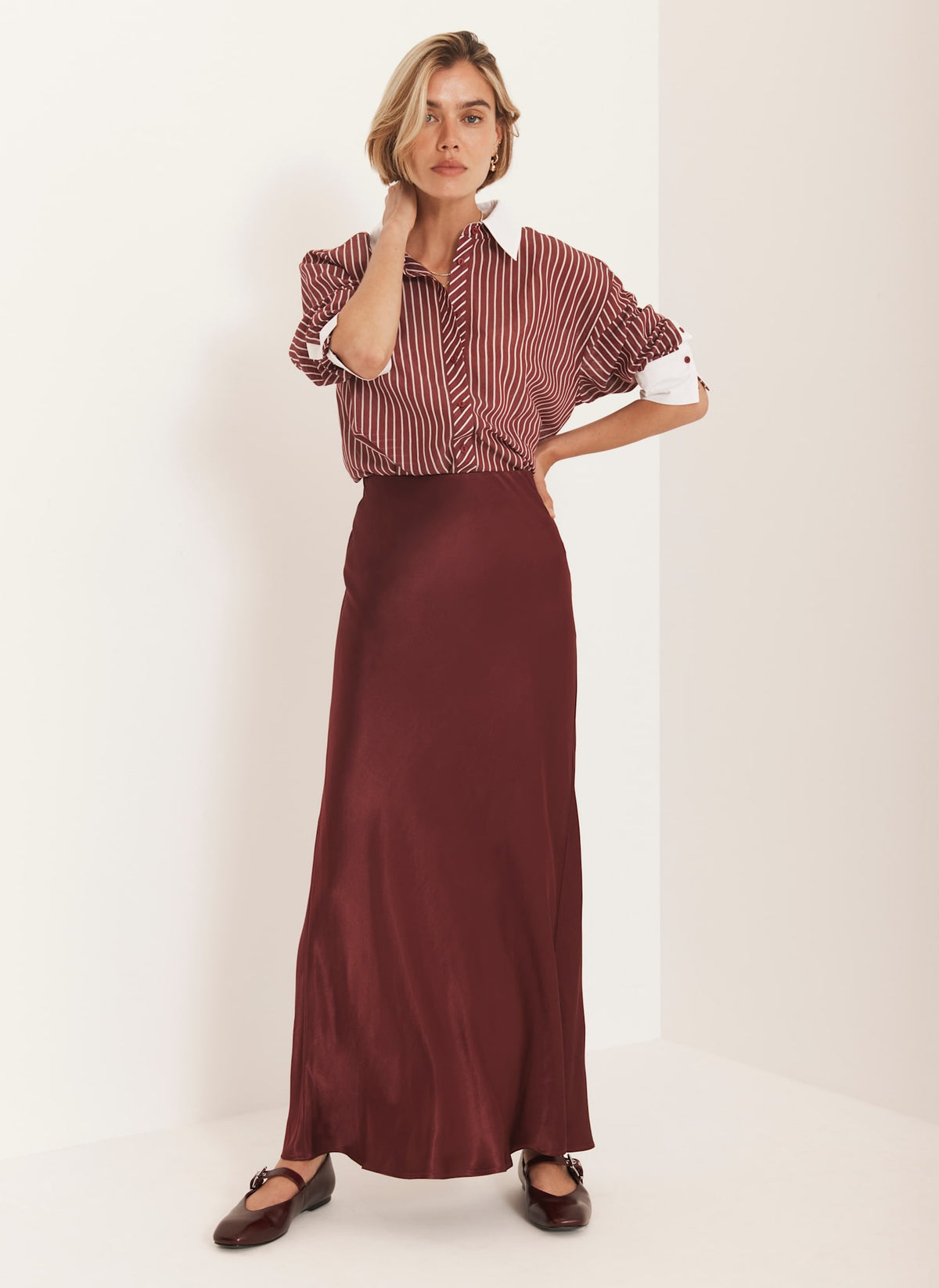 Burgundy Satin Slip Midi Skirt