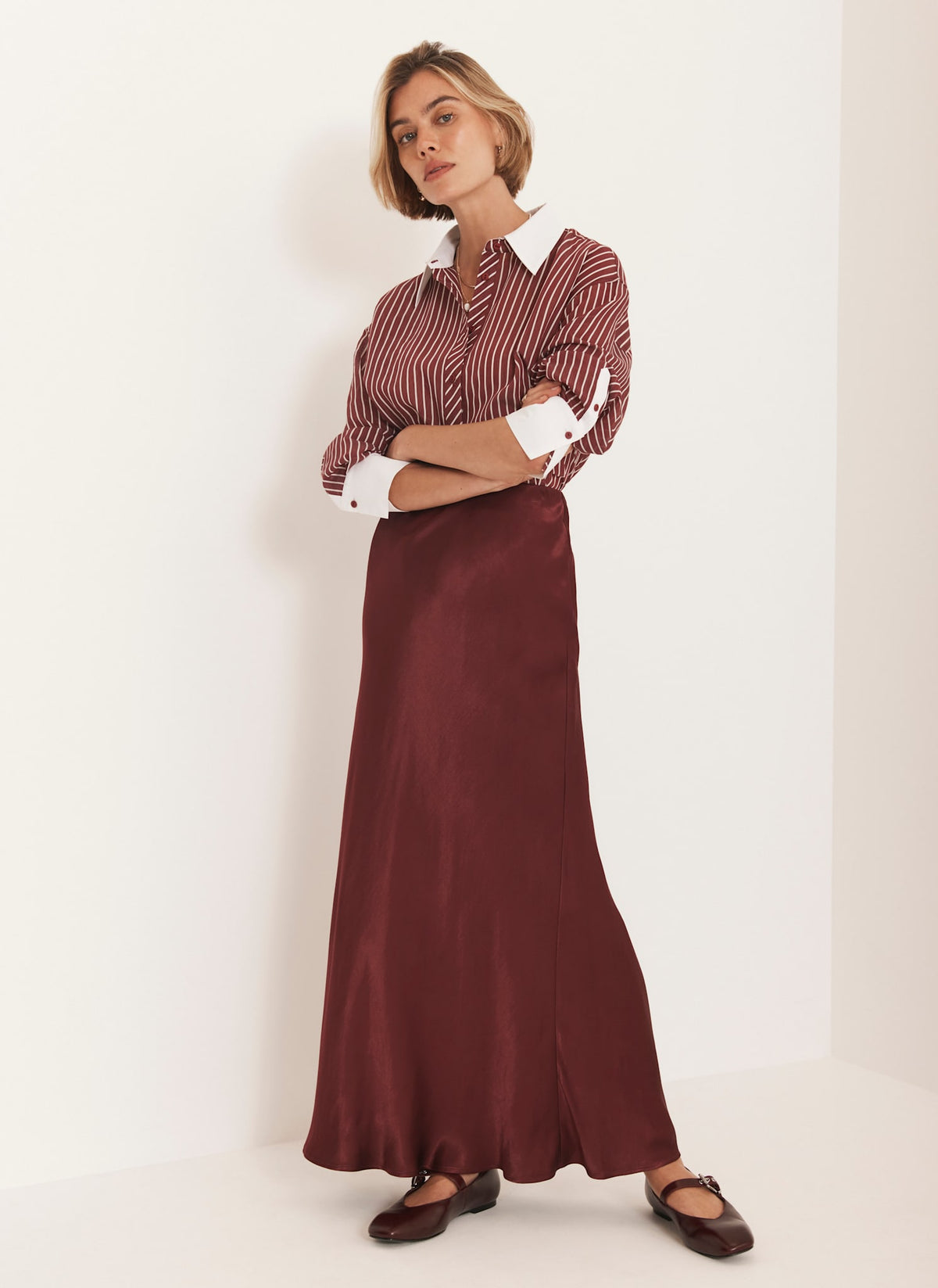 Burgundy Satin Slip Midi Skirt