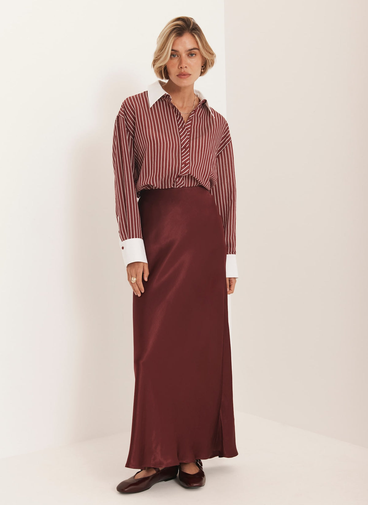 Burgundy Satin Slip Midi Skirt