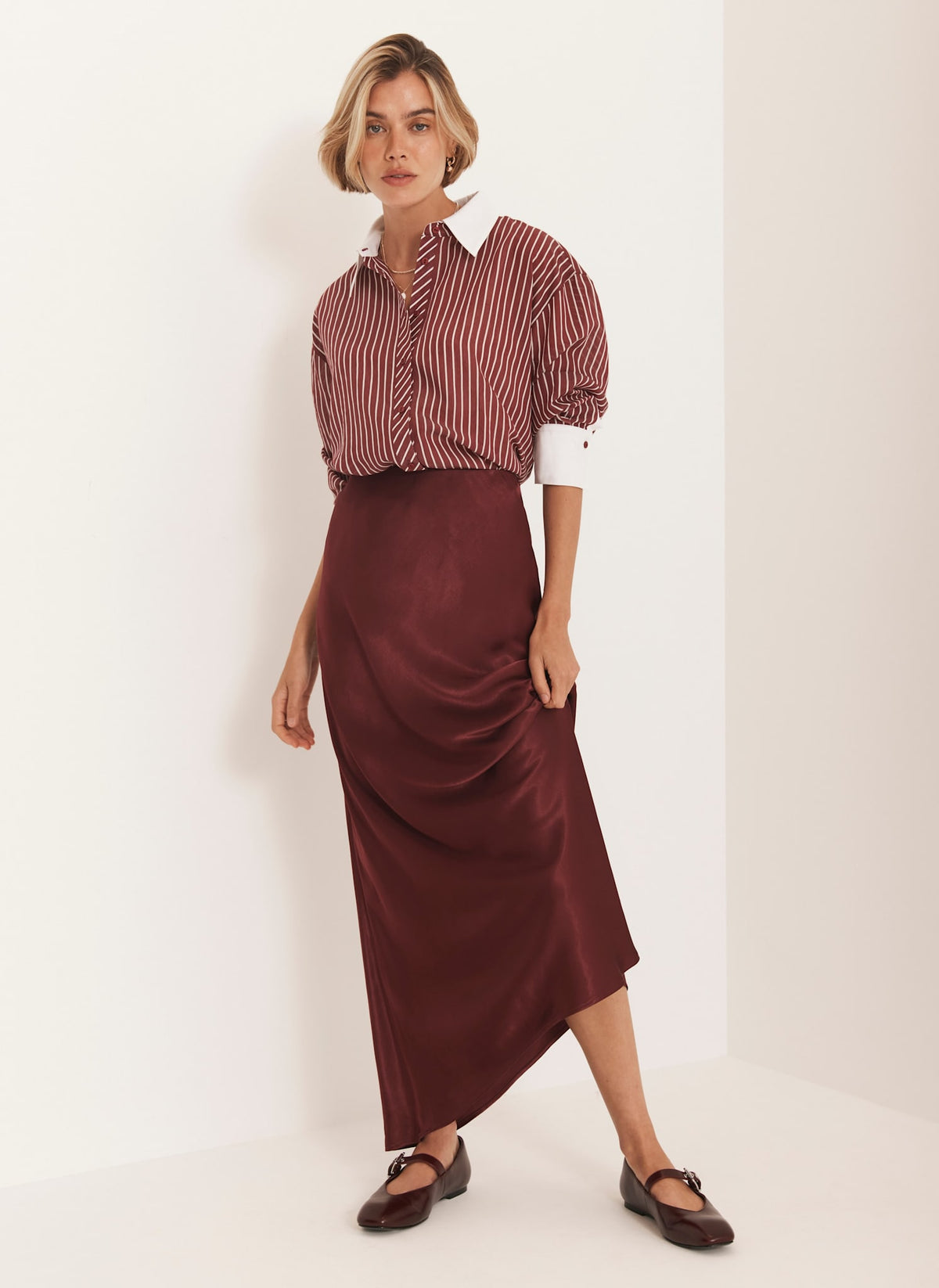 Burgundy Satin Slip Midi Skirt