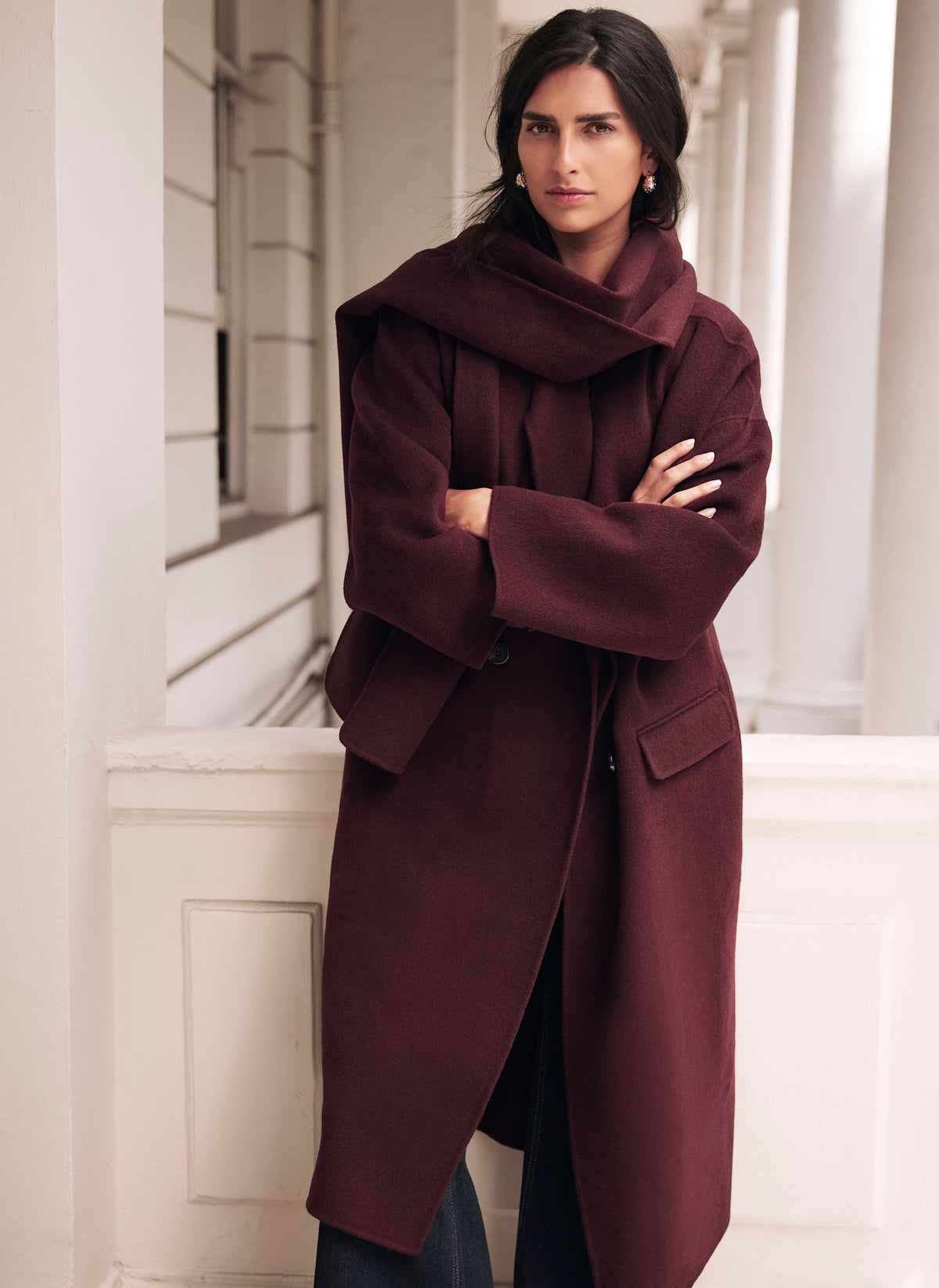 Burgundy Scarf Detail Coat