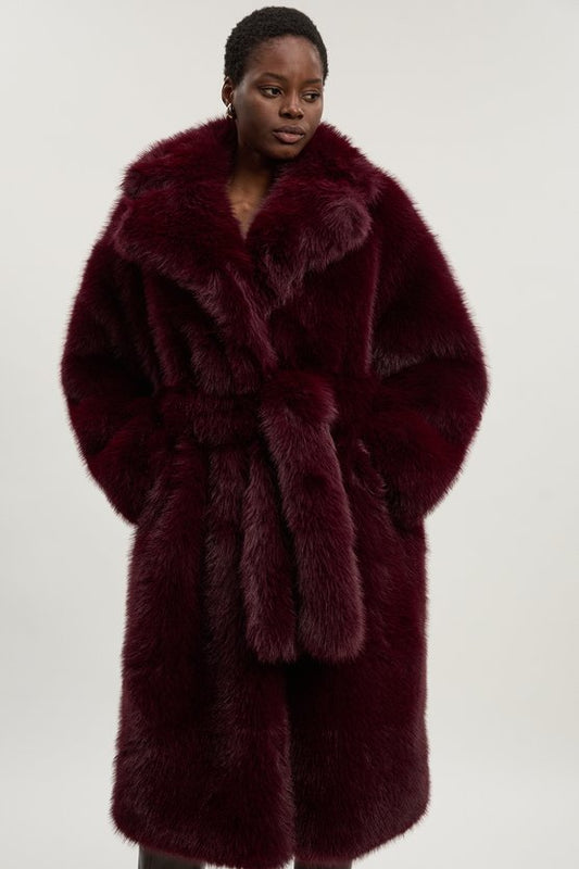 Textured Faux Fur Belted Long Full collar Coat