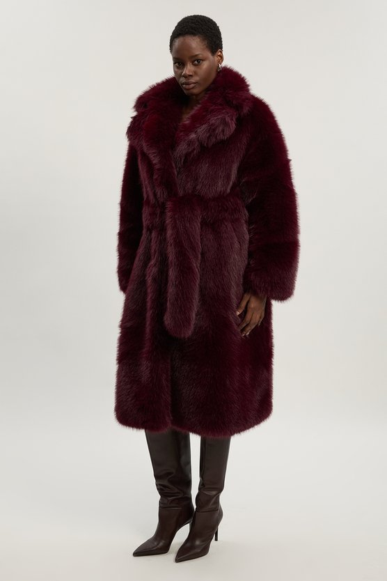 Textured Faux Fur Belted Long Full collar Coat