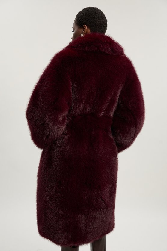 Textured Faux Fur Belted Long Full collar Coat