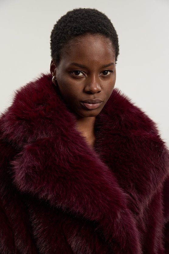 Textured Faux Fur Belted Long Full collar Coat