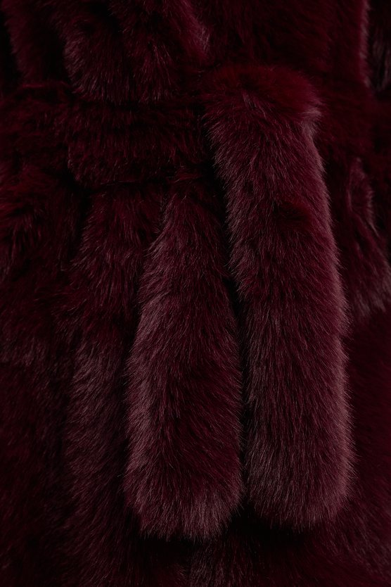 Textured Faux Fur Belted Long Full collar Coat