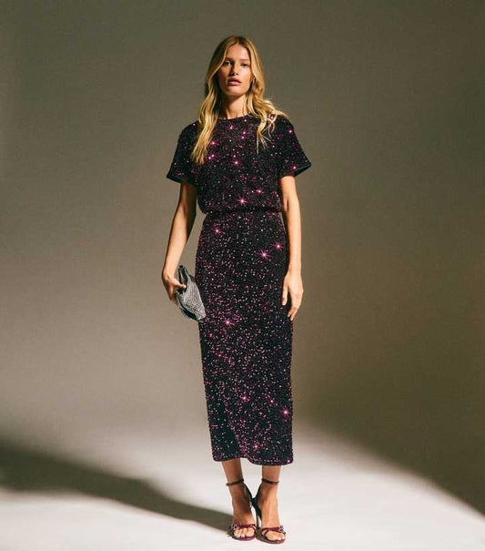 Burgundy Velvet Sequin Embellished Midi Skirt