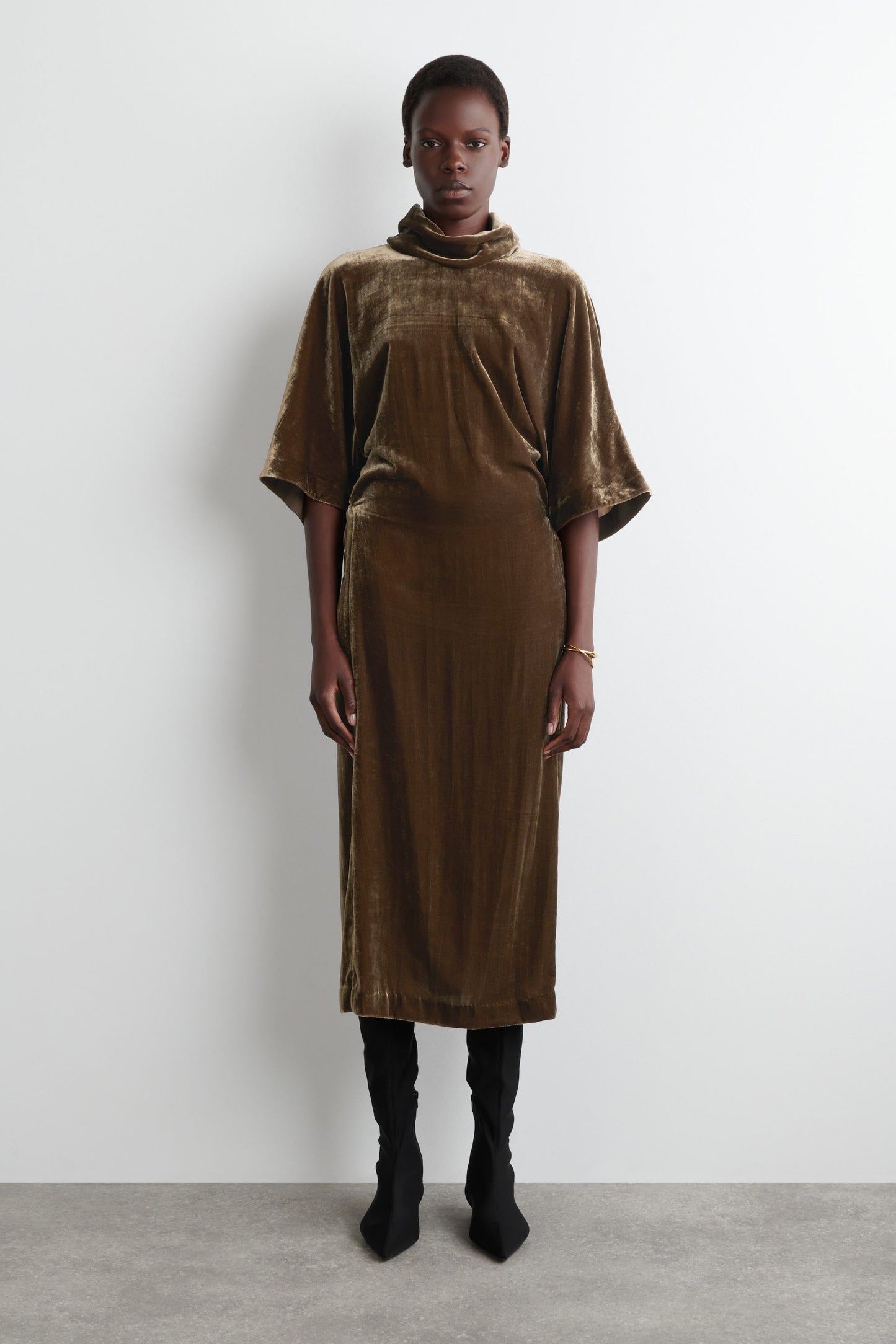 Draped-Neck Velvet Midi Dress