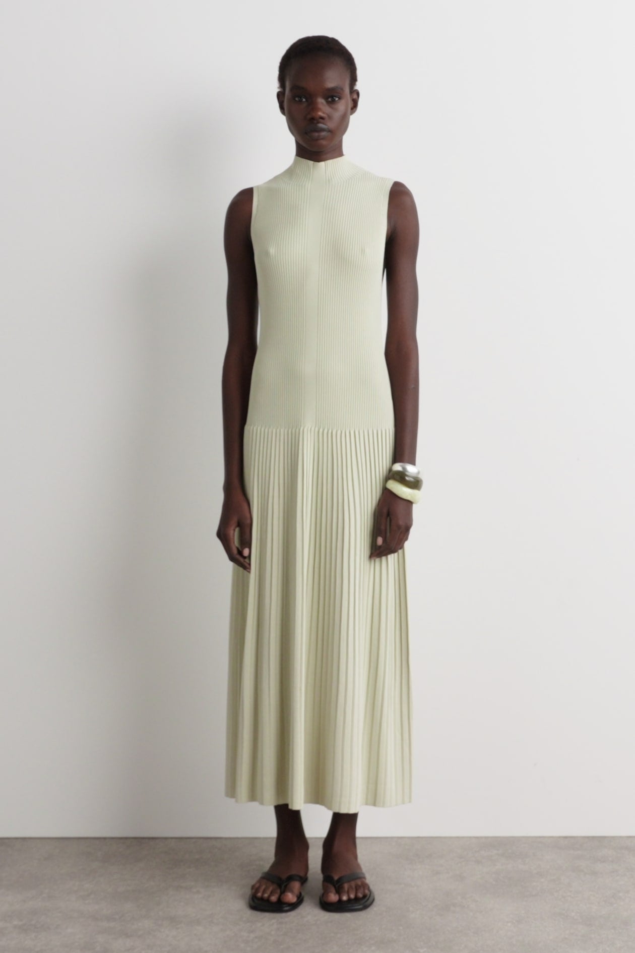 Pleated High-Neck Maxi Dress