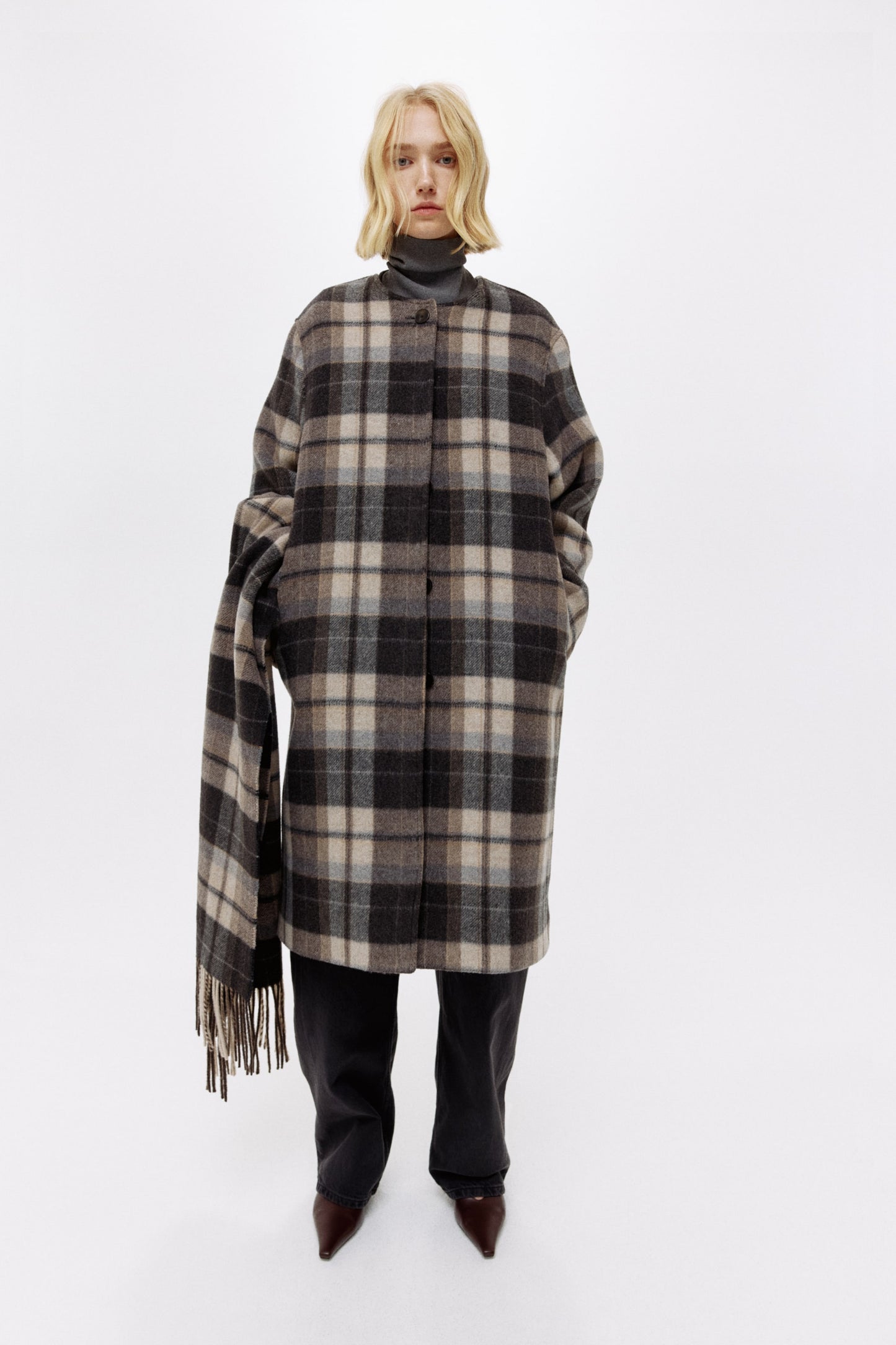 Scarf-detail wool-blend coat