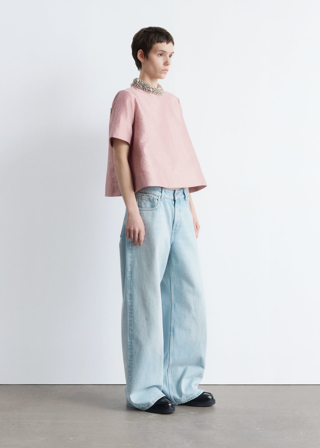 Short-Sleeve Pearl-Embroidered Blouse