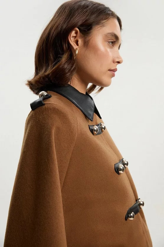 Brushed Wool PU Mix Tailored Cape Short Coat
