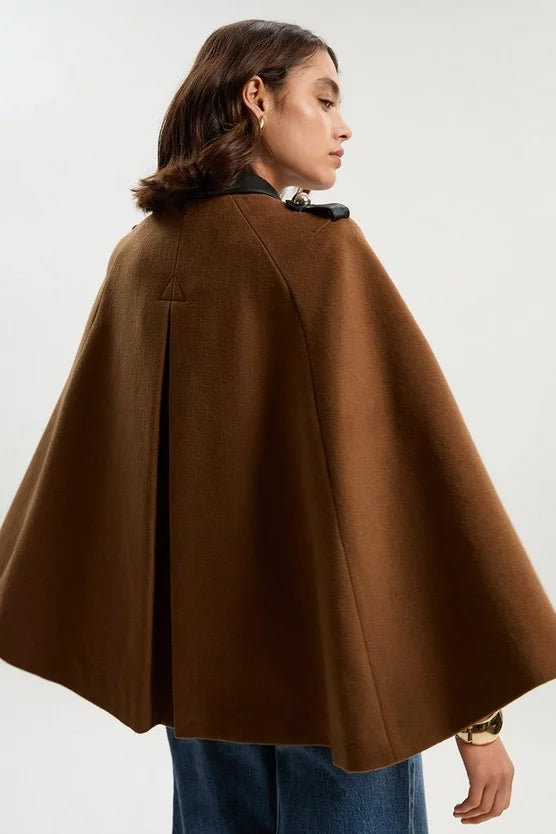 Brushed Wool PU Mix Tailored Cape Short Coat