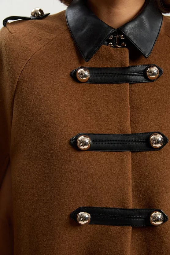 Brushed Wool PU Mix Tailored Cape Short Coat
